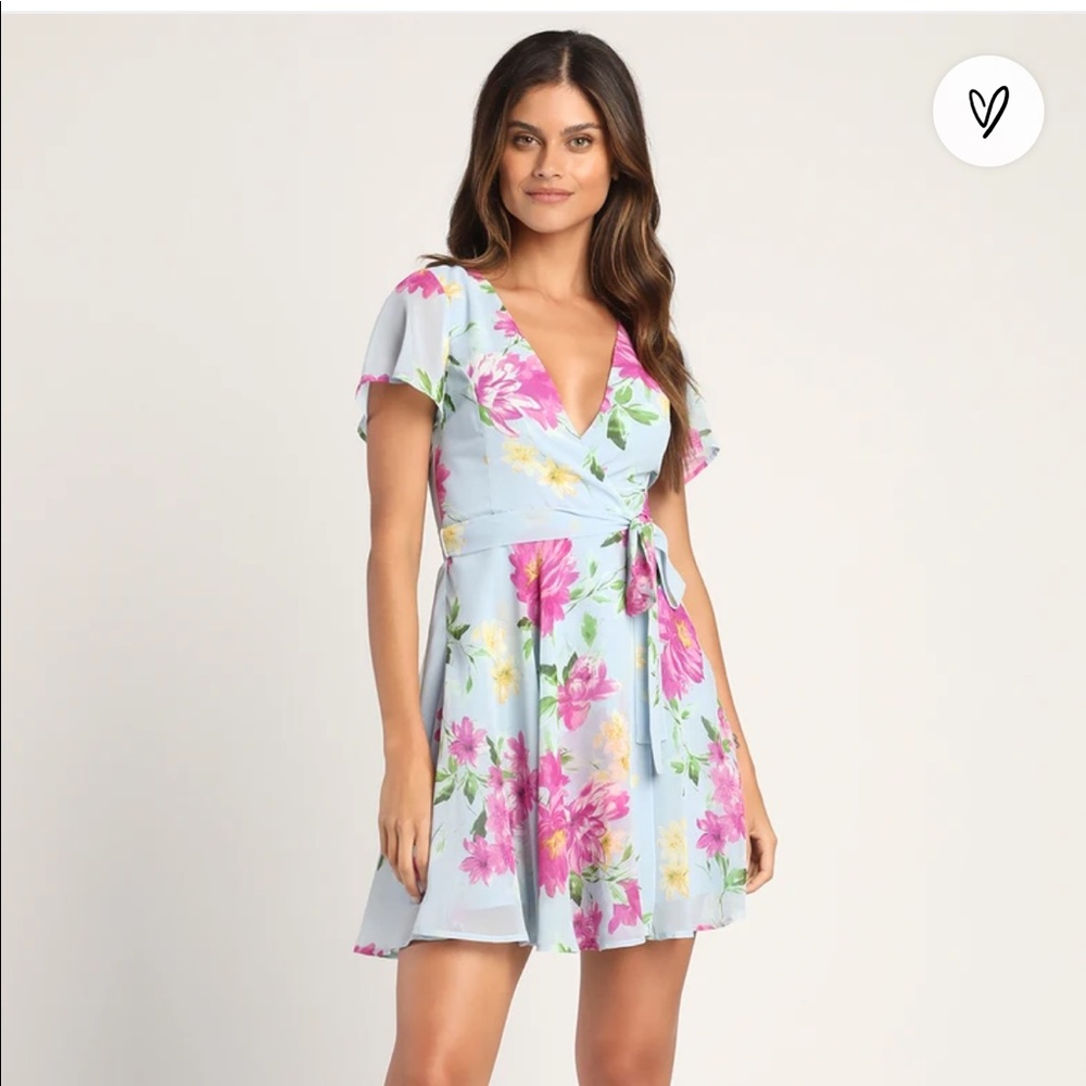 In the Gardens Light Blue Floral Print Surplice Mini Dress